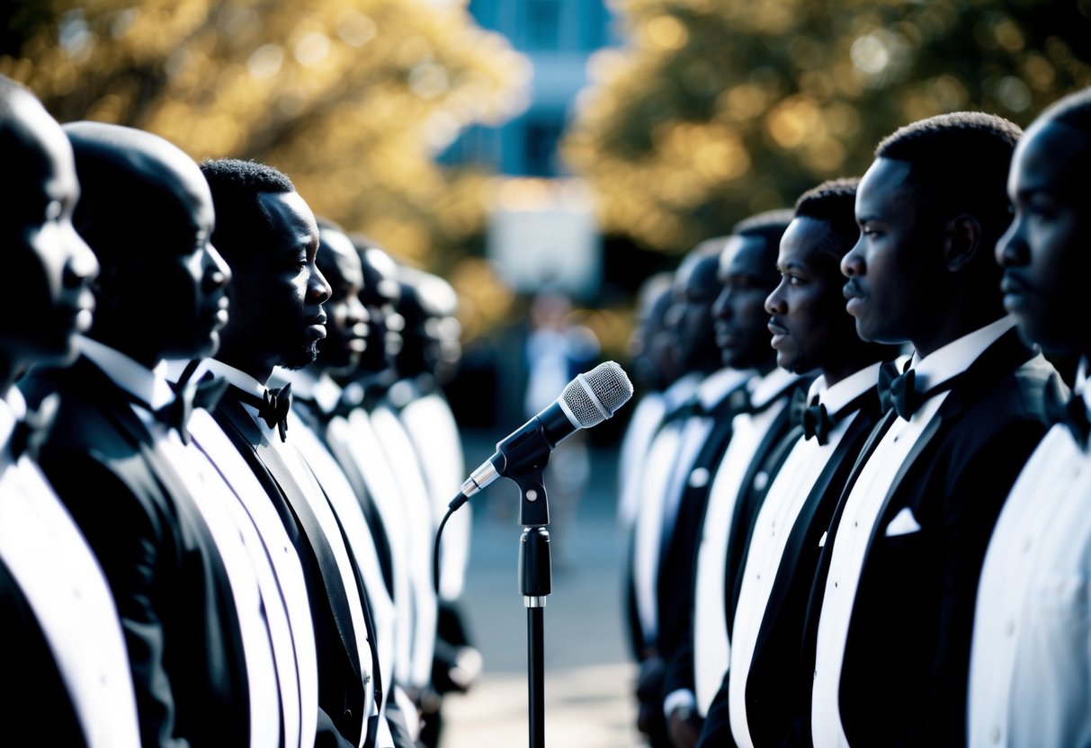 A line-up of figures in formal attire, arranged in a specific order, with a microphone at the center