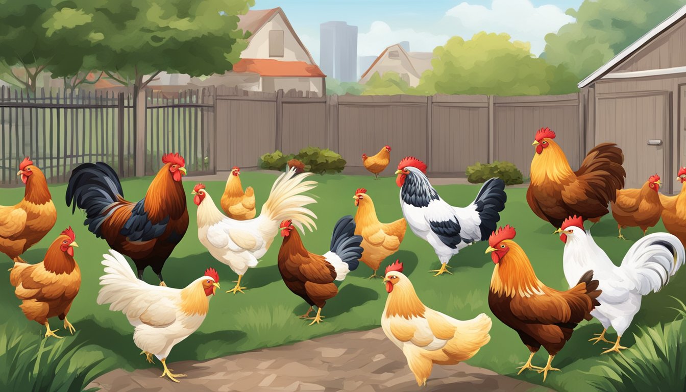 A backyard with 10 different chicken breeds, each with distinct colors and features, roaming freely in an urban setting