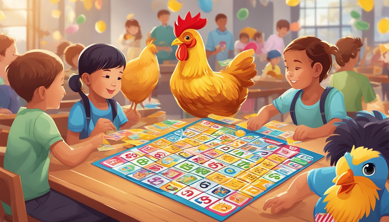 A group of children playing bingo with chicken-themed cards, surrounded by colorful feathers and chicken illustrations