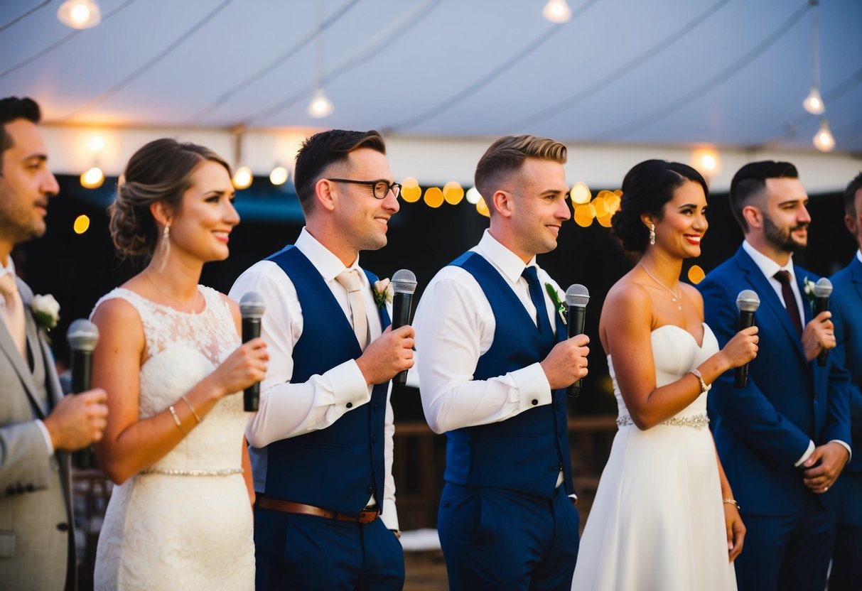 A group of individuals standing in a line, taking turns speaking into a microphone at a wedding reception