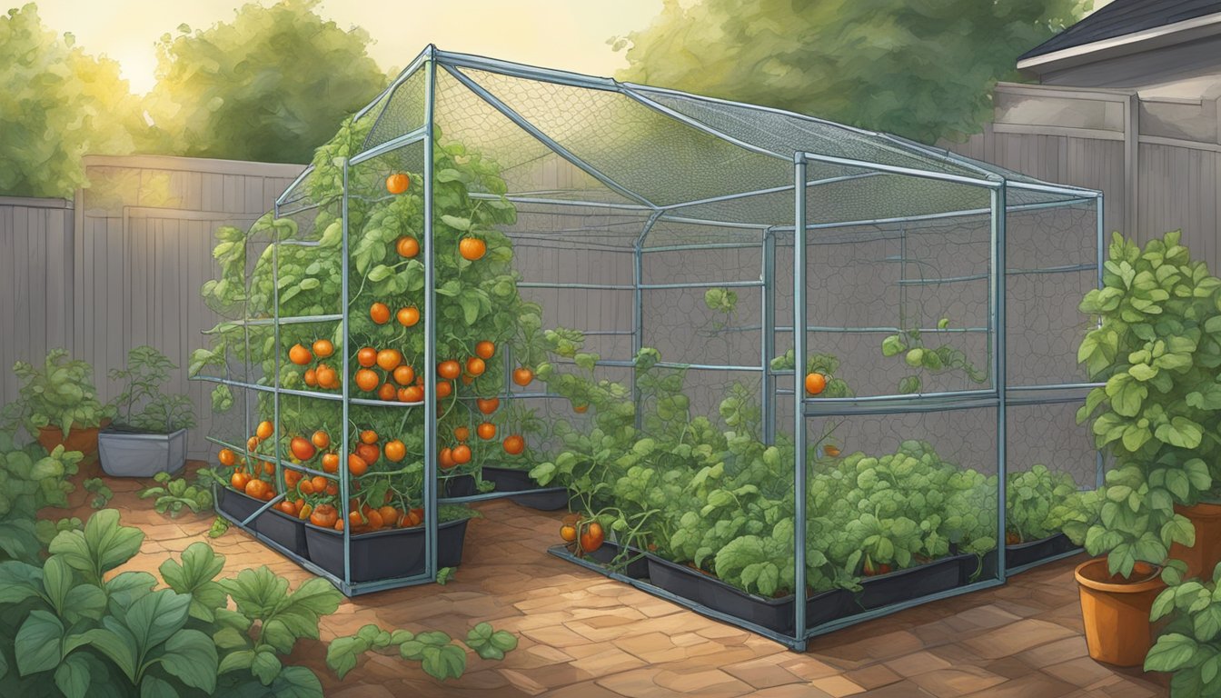 A tomato plant grows inside a chicken wire cage, surrounded by other creative uses of chicken wire in a backyard