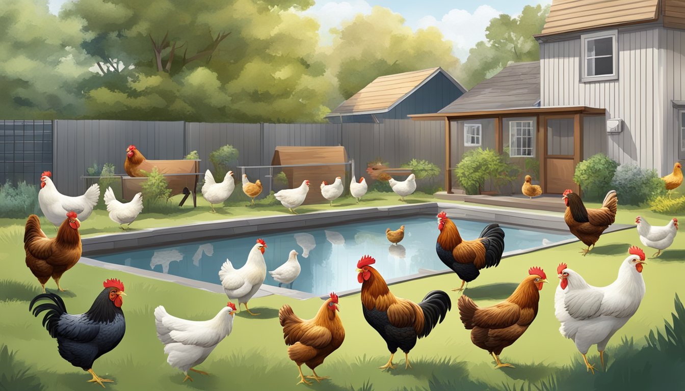 A backyard with 10 different chicken breeds roaming freely amid urban surroundings