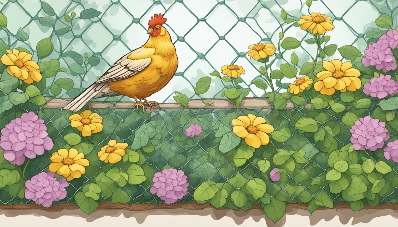 A flower bed edged with chicken wire, used as a trellis for climbing plants, with a bird perched on top