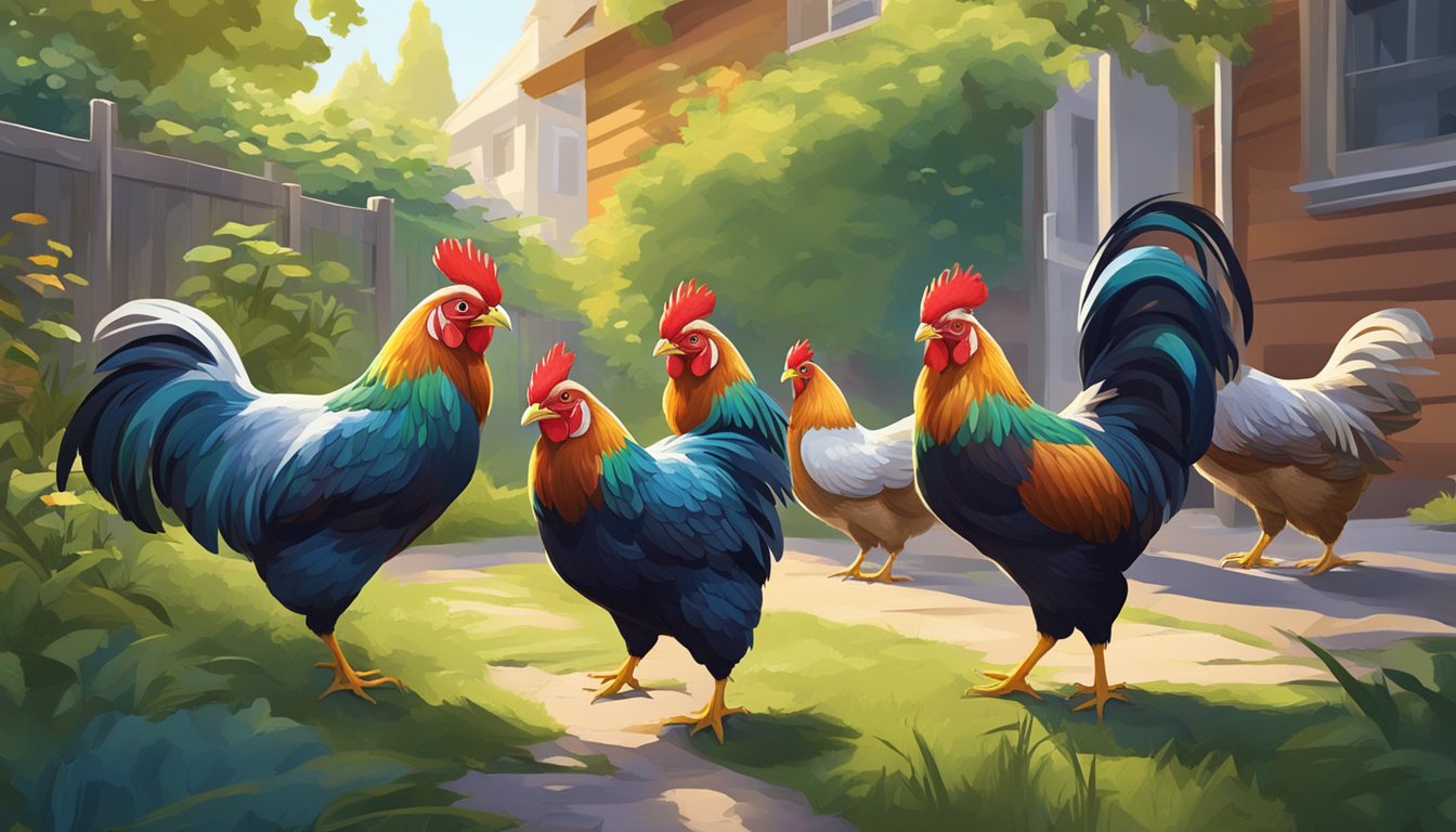 A flock of Ameraucana chickens roam freely in a lush urban backyard, pecking at the ground and flapping their colorful feathers