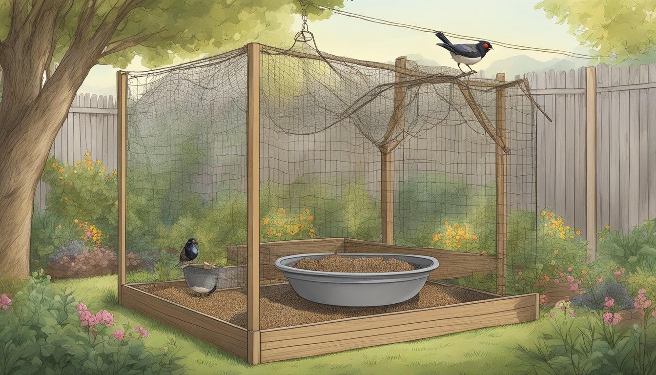 A bird feeder hangs from a wooden frame, surrounded by various uses of chicken wire in a backyard setting