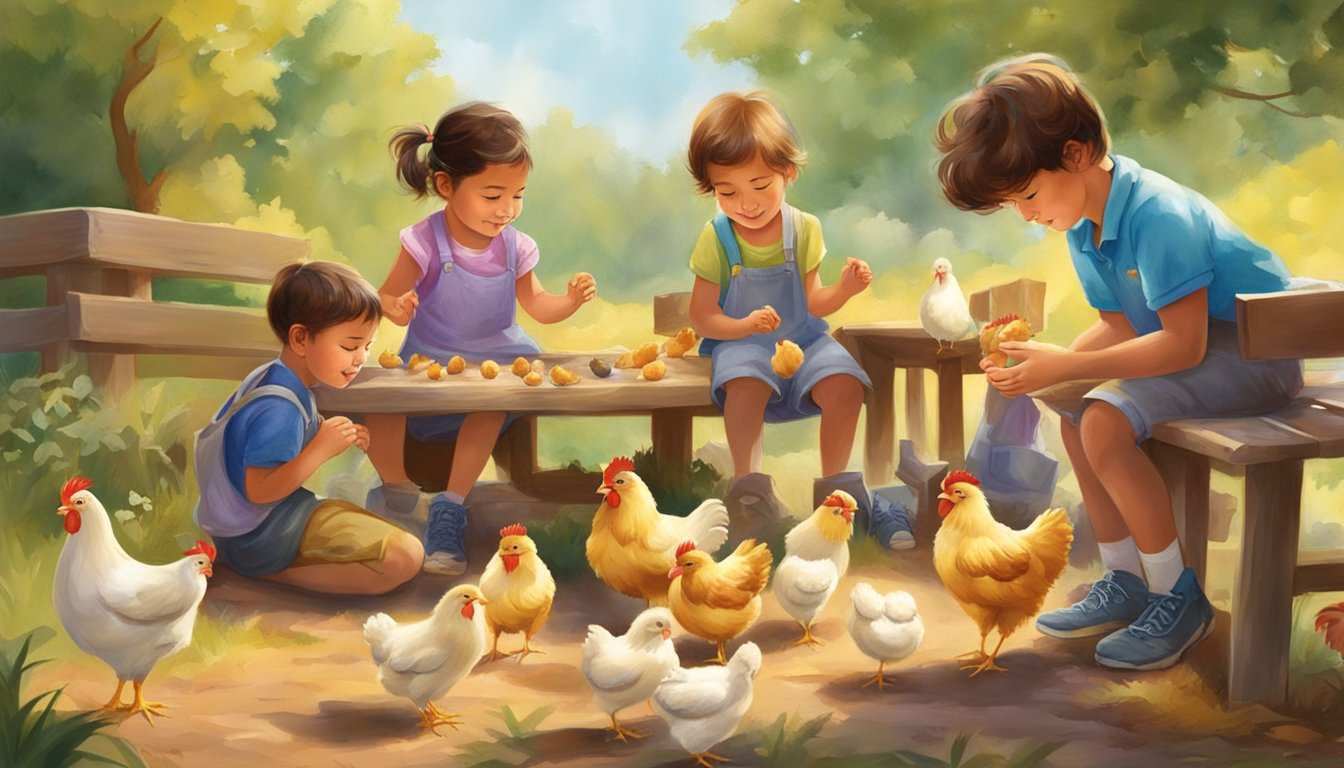 A group of children engage in various chicken-themed activities, such as egg painting, feather crafts, and chicken dance, in a vibrant and playful setting