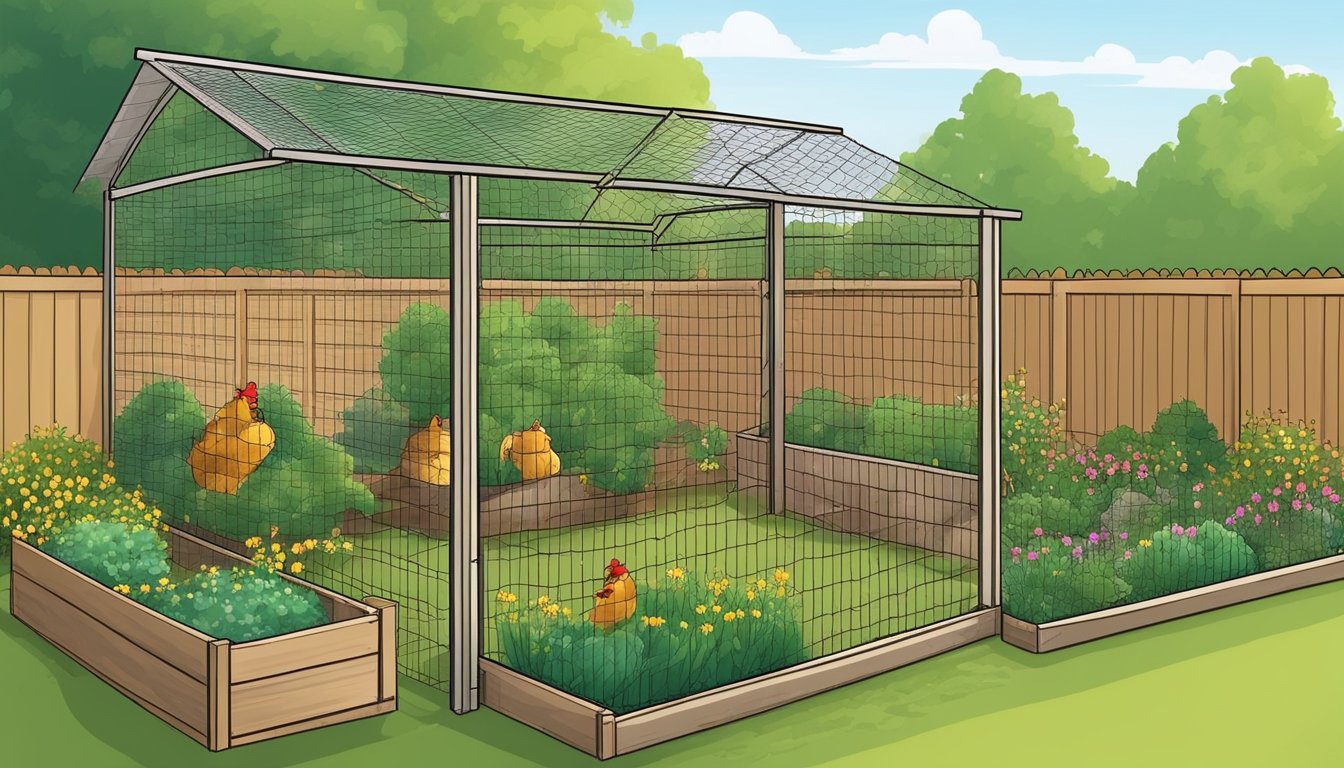 A backyard with chicken wire used as a trellis, compost bin, and fencing. A garden shed with a chicken wire roof. A raised garden bed with chicken wire as a protective barrier