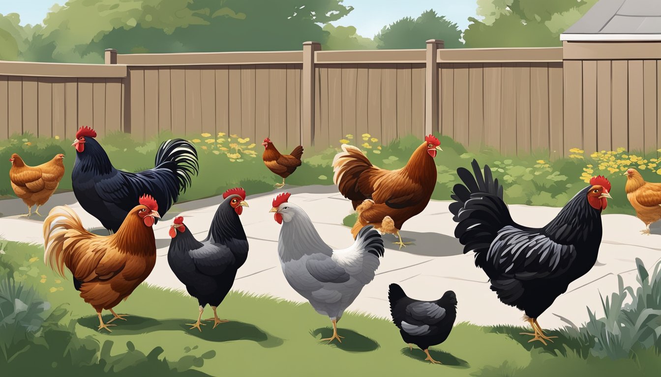 A backyard with a variety of chicken breeds, including Rhode Island Reds, Barred Plymouth Rocks, and Silkies, roaming freely in a well-maintained urban setting