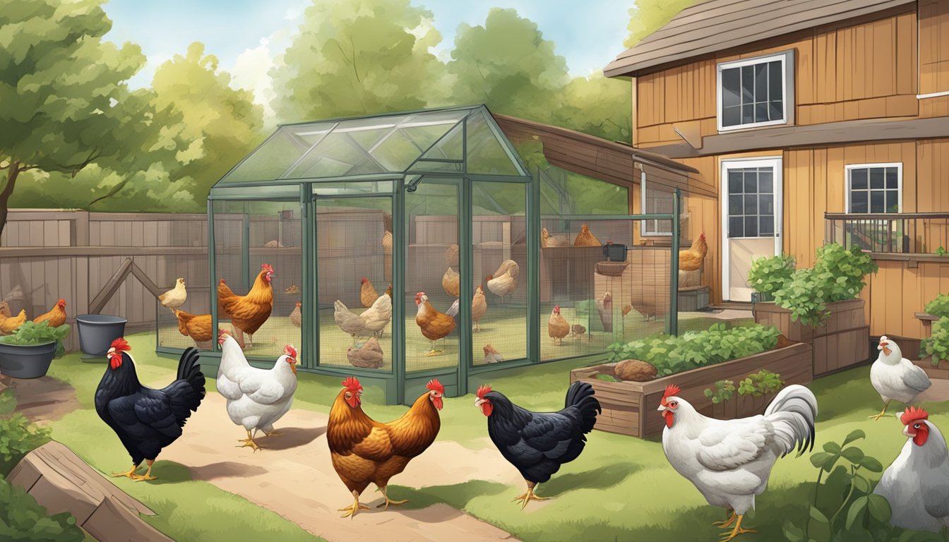 A bustling urban backyard with a variety of chicken breeds happily pecking and scratching in a spacious coop and run