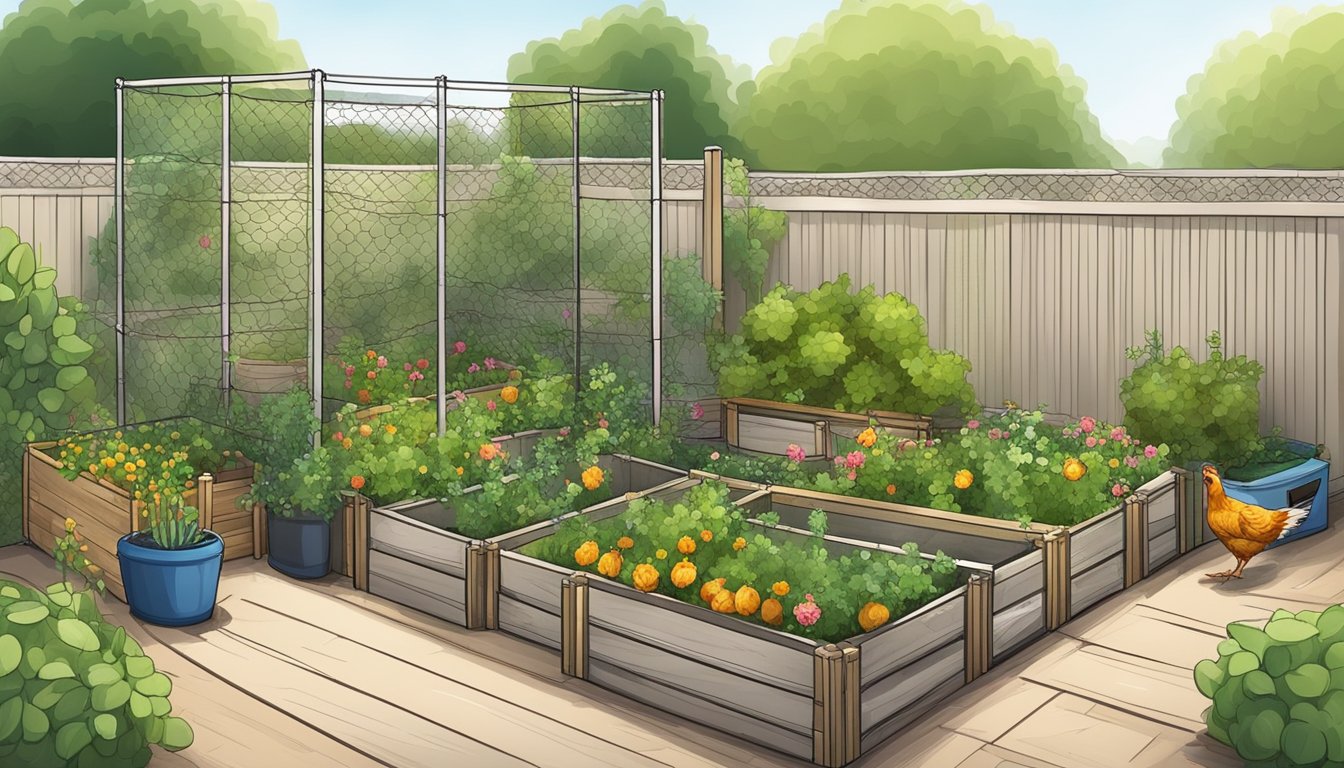 A backyard with a garden fence made of chicken wire, surrounding raised beds, a compost bin, and a trellis for climbing plants