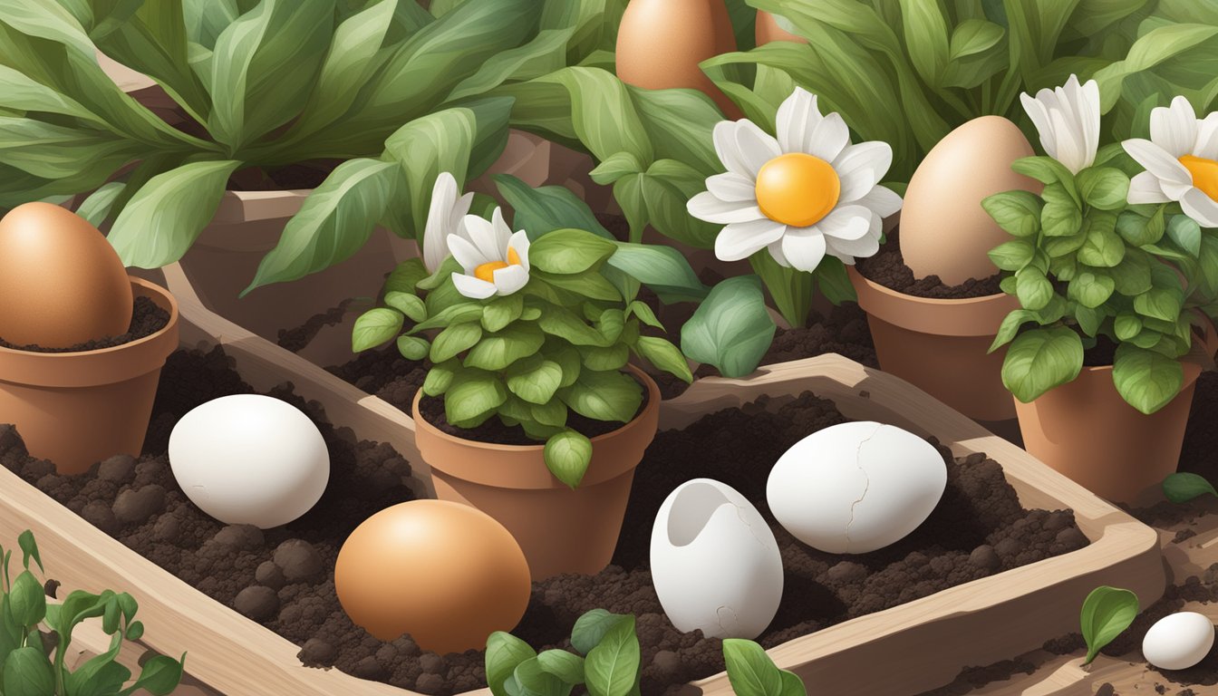 Eggshells scattered among potted plants, garden tools, and soil bags, with plants thriving and blooming around them