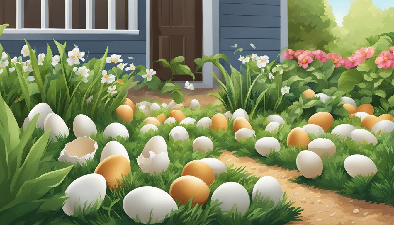 Eggshells scattered around garden plants, creating a barrier to repel pests