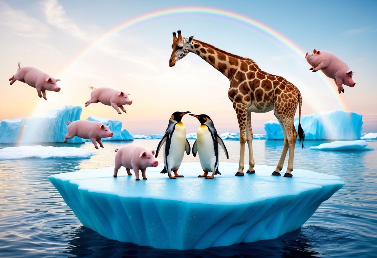 A giraffe and a penguin exchange vows on a floating iceberg, surrounded by flying pigs and a rainbow waterfall