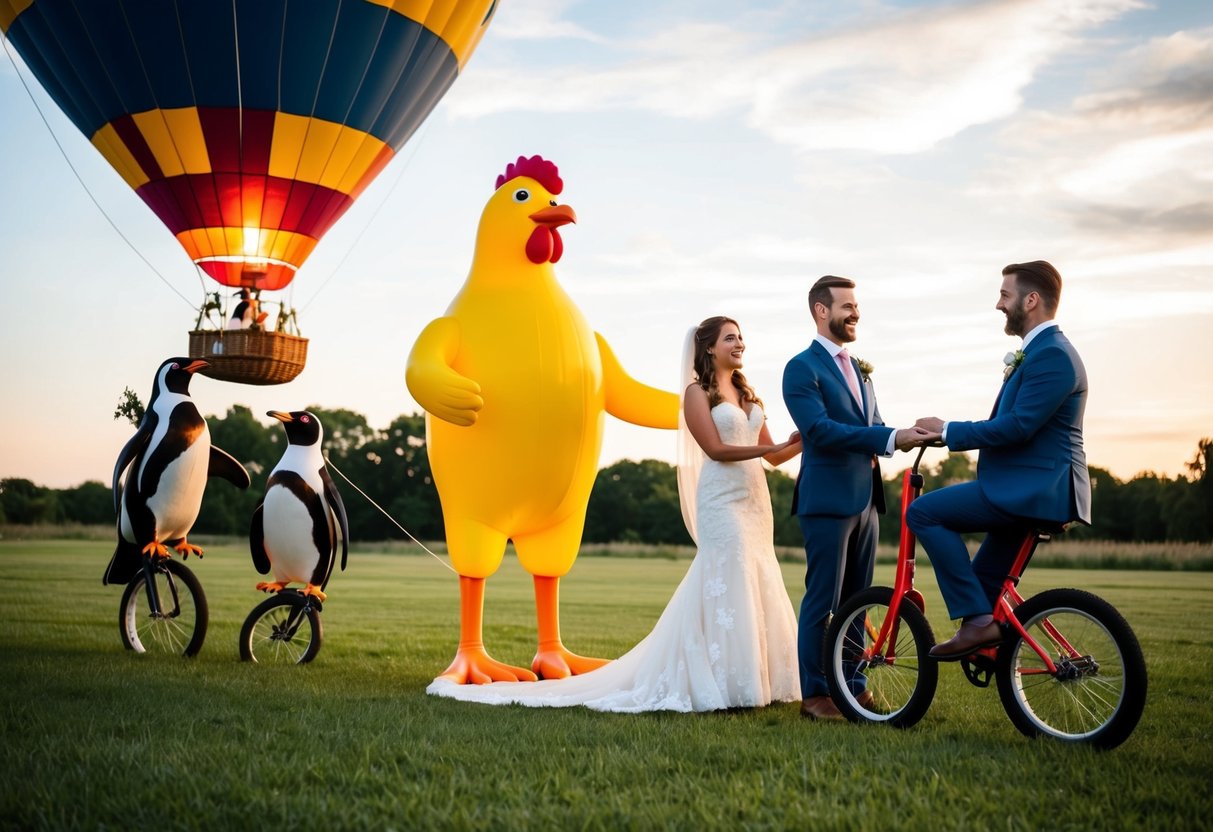 A giant rubber chicken and a penguin officiate a wedding ceremony in a hot air balloon, while the bride and groom exchange vows on unicycles