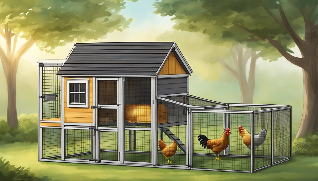 A sturdy chicken coop stands elevated on tall legs, surrounded by a secure wire mesh fence. A motion-activated light and locking door add extra protection