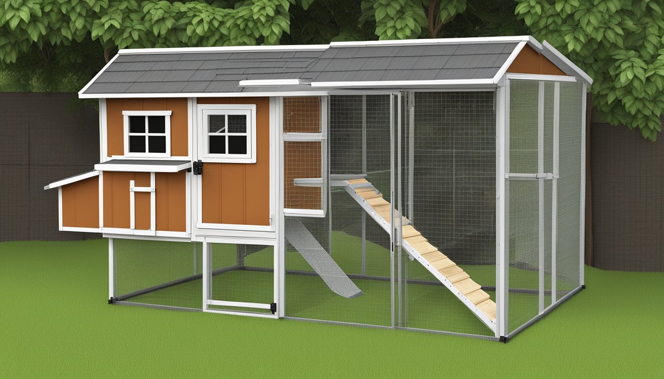 A sturdy chicken coop with reinforced wire mesh, latches, locks, and a sloped roof with overhanging panels to deter predators