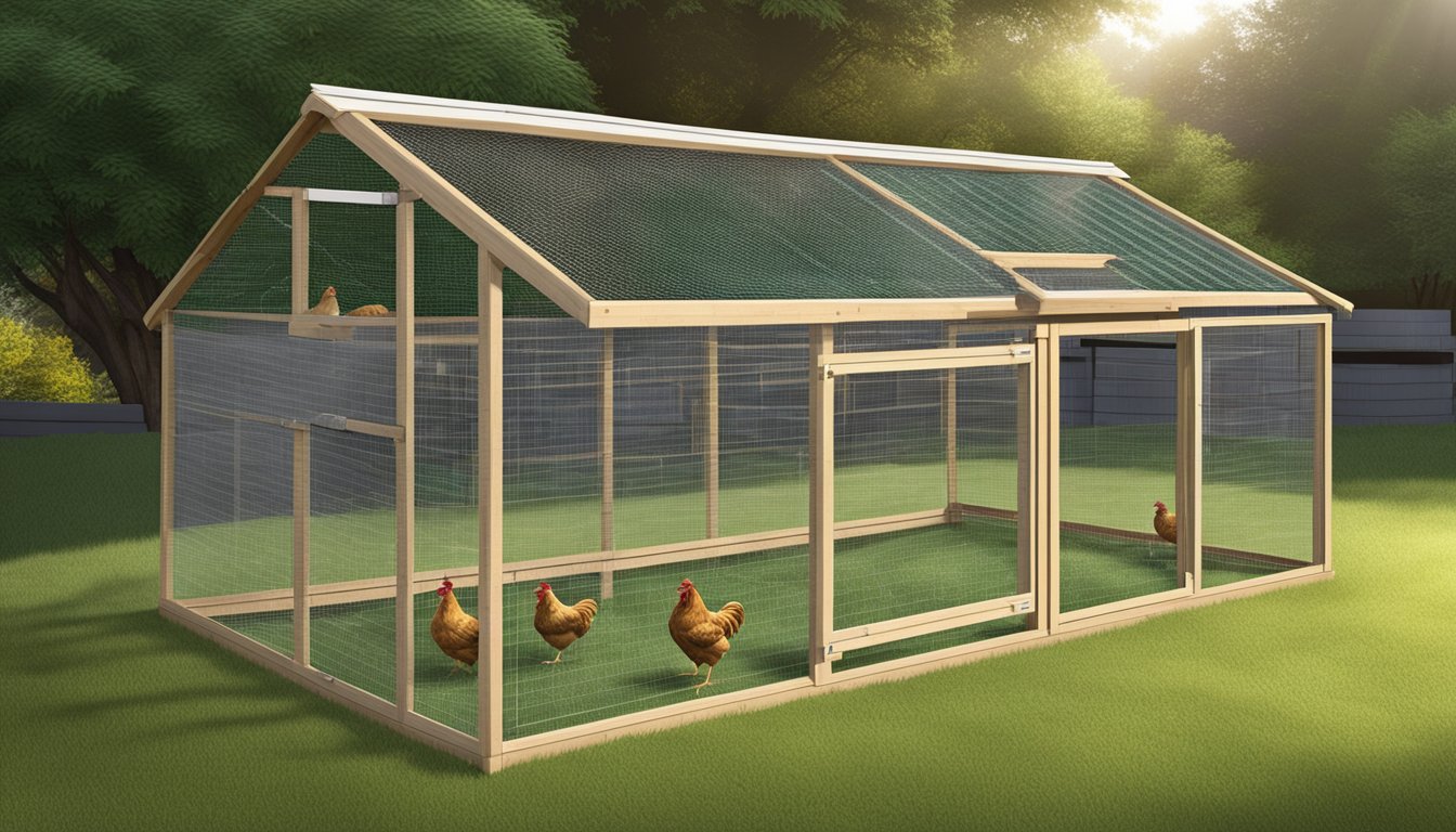 A sturdy chicken coop with reinforced wire mesh, secure latches, and motion-activated lights. Surrounding the coop are trimmed bushes and a clear view of the surrounding area