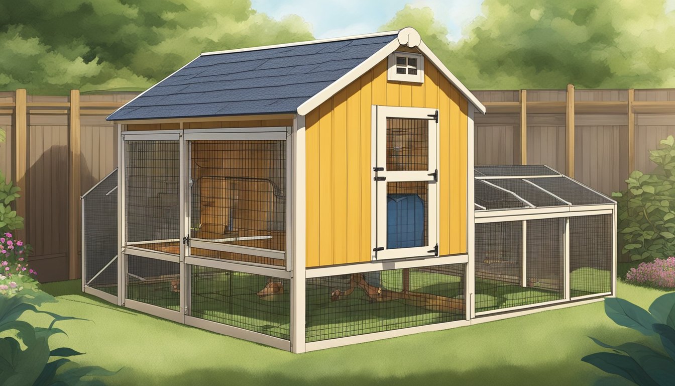 A sturdy chicken coop surrounded by a tall fence, with reinforced wire mesh covering the windows and vents. Motion-activated lights and a secure latch on the door provide additional protection against predators