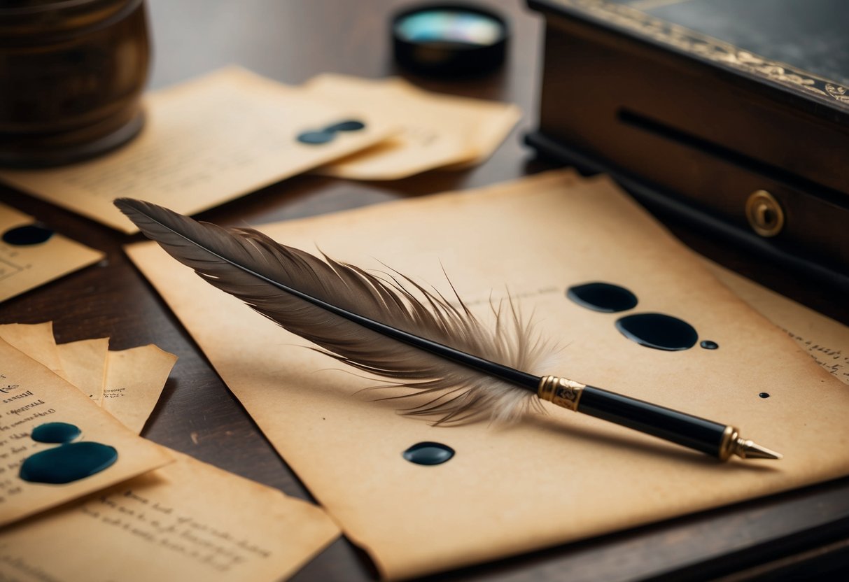 A quill pen rests on a vintage desk, surrounded by scattered parchment and ink stains