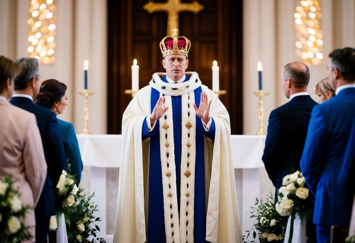 A royal figure standing at an altar, confidently reciting wedding vows while omitting the word "obey." The scene is filled with a sense of empowerment and modernity