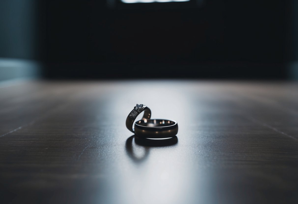 A broken wedding ring lying in a dark, empty room