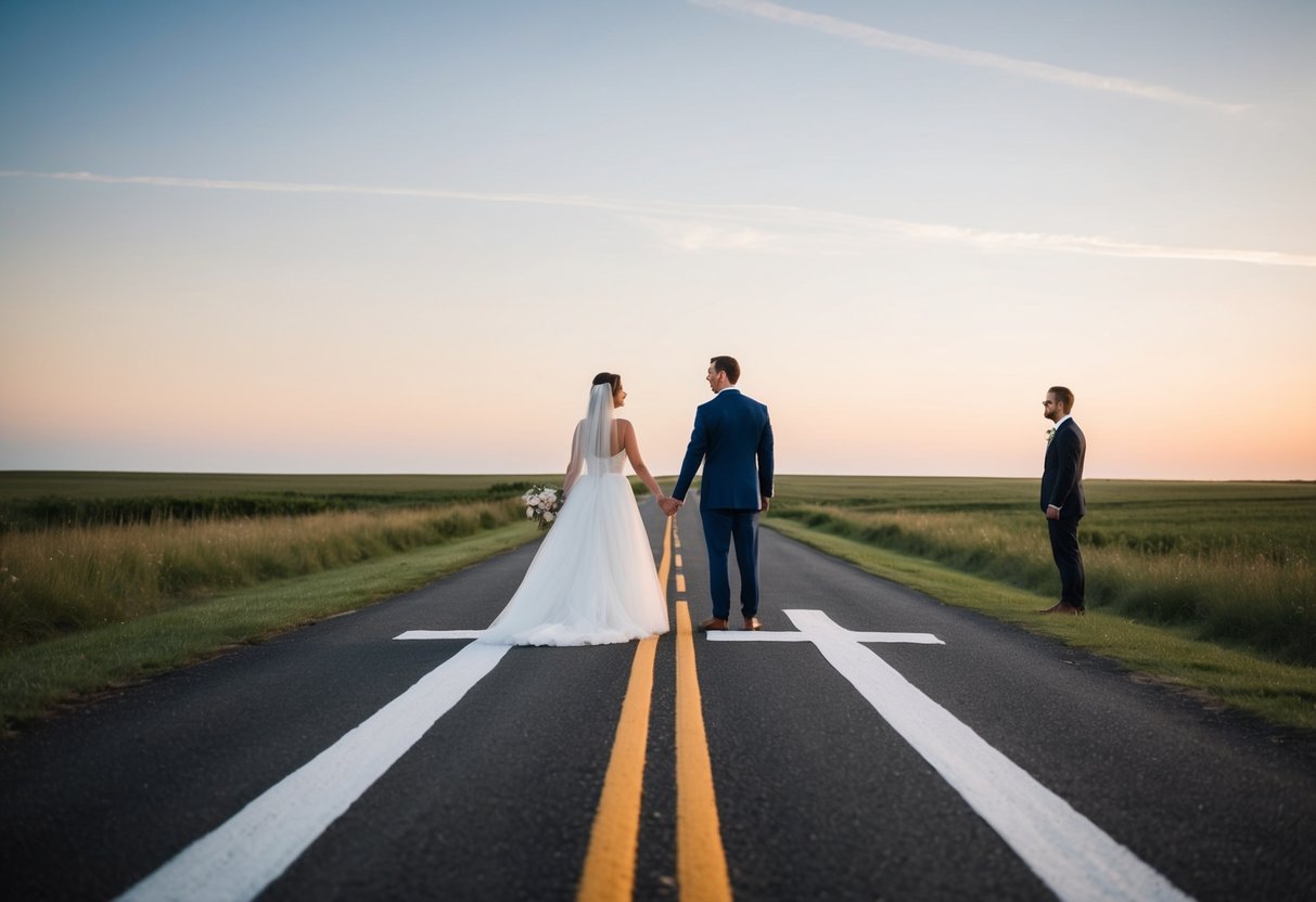 A couple stands at a crossroads, one path leading to a wedding altar and the other to a solitary figure looking out at the horizon