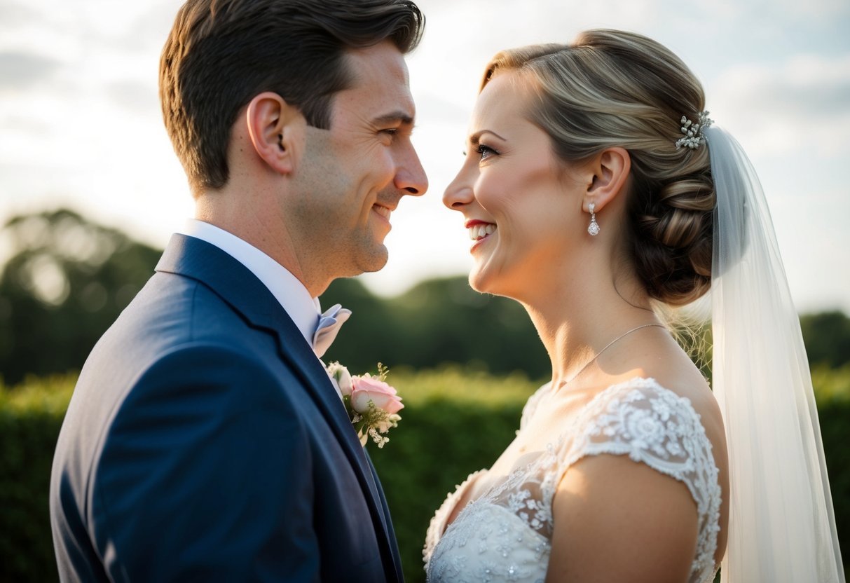 A bride and groom standing side by side, gazing into each other's eyes with love and joy