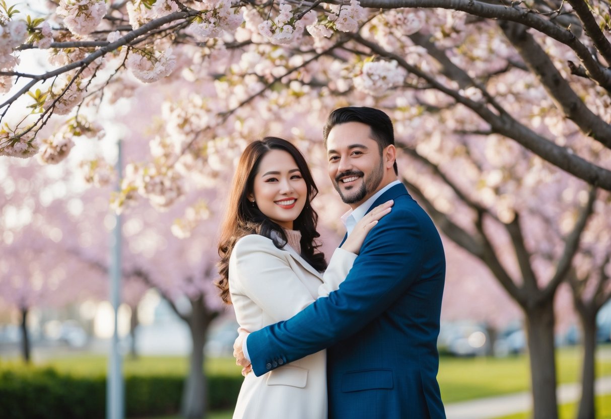 A couple standing under a blooming tree, embracing with smiles on their faces
