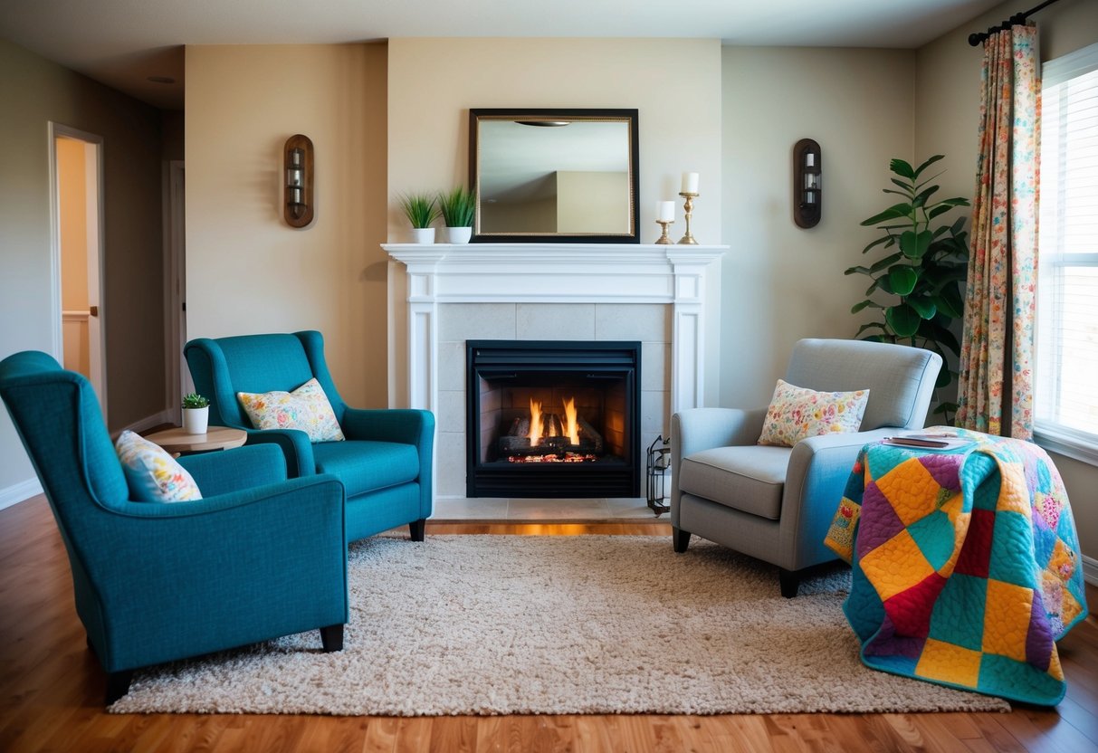 A cozy living room with a crackling fireplace, two comfortable chairs, and a colorful quilt draped over a nearby table
