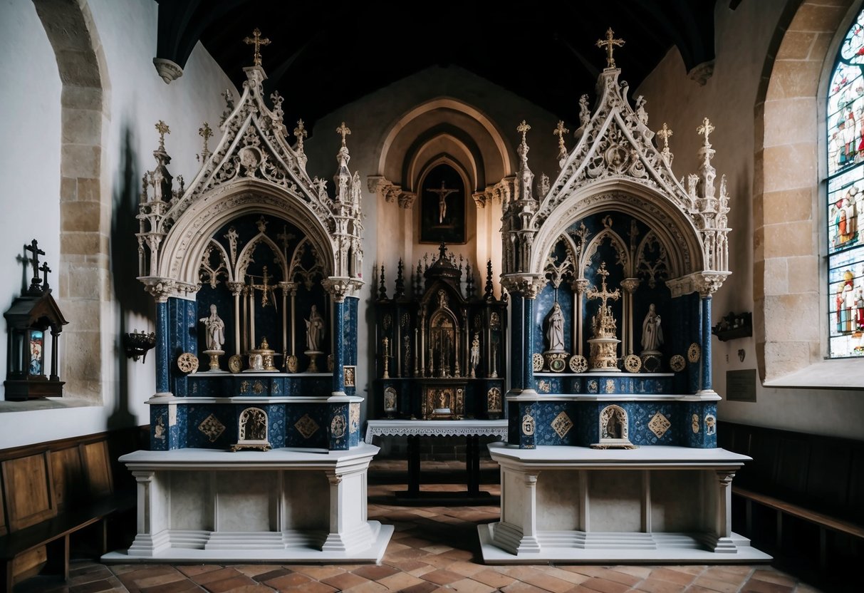 A medieval church with two ornate altars, one on the left and one on the right, adorned with intricate carvings and religious symbols