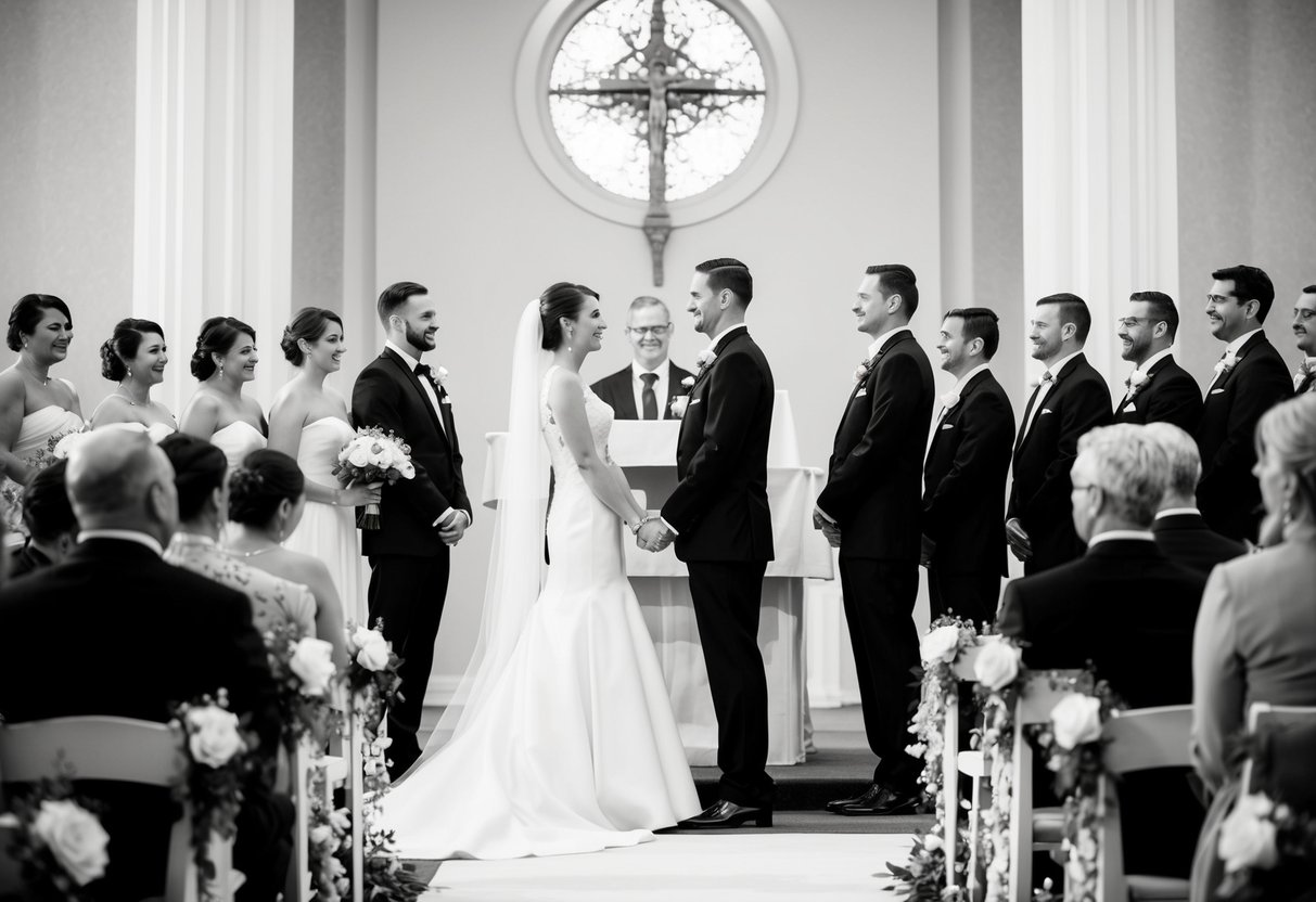 A bride and groom stand facing each other at the altar, surrounded by their wedding party. The bride is positioned on the left side of the groom