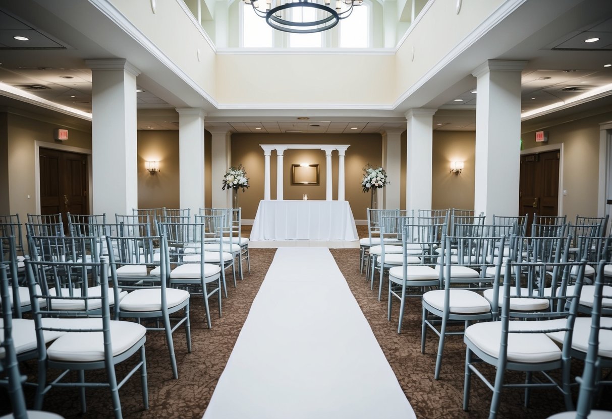 A wedding venue with a central aisle and seating on both sides. An arch or altar is positioned at the front, with space for the bride and groom to stand