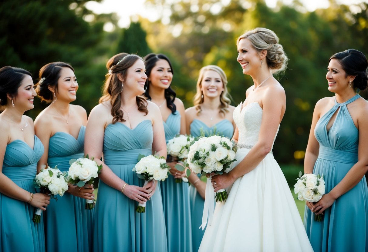 A bride stands on the right, surrounded by her bridesmaids, all smiling and looking towards her