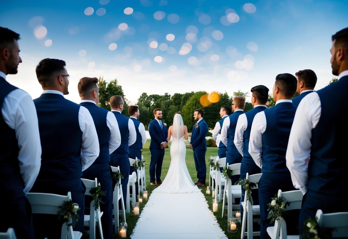 A group of men standing on one side of a wedding aisle, facing the opposite direction