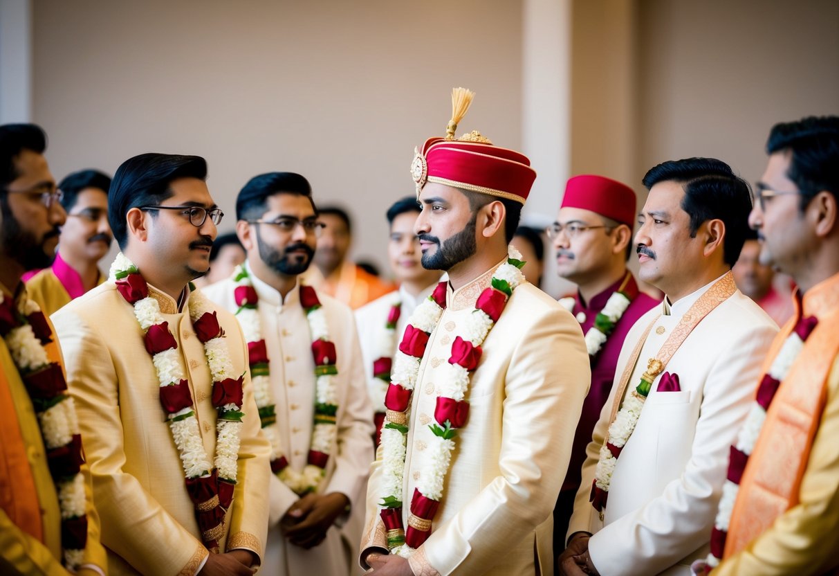 A group of men stand on one side, representing the bride's side in a traditional wedding ceremony