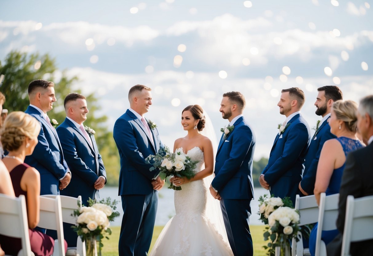 Men stand on bride's side at ceremony layout