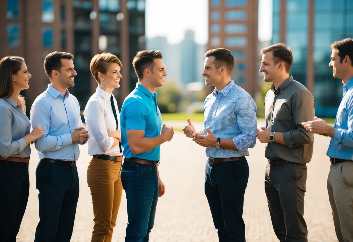 Two groups of people, one predominantly male, stand on opposite sides, facing each other. They appear to be engaged in a friendly conversation or debate