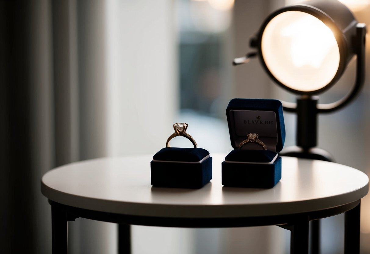Two ring boxes on a small table, one slightly larger than the other, with a soft spotlight highlighting them
