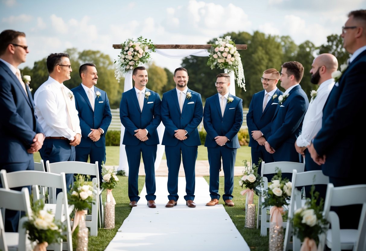 A group of men stand on one side of a wedding aisle, symbolizing the bride's side. Flowers and decorations add significance to the scene
