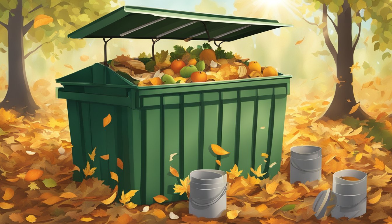 A compost bin with tea filters, fruit peels, and vegetable scraps. Fallen leaves and twigs surround the bin. Sunlight filters through the trees