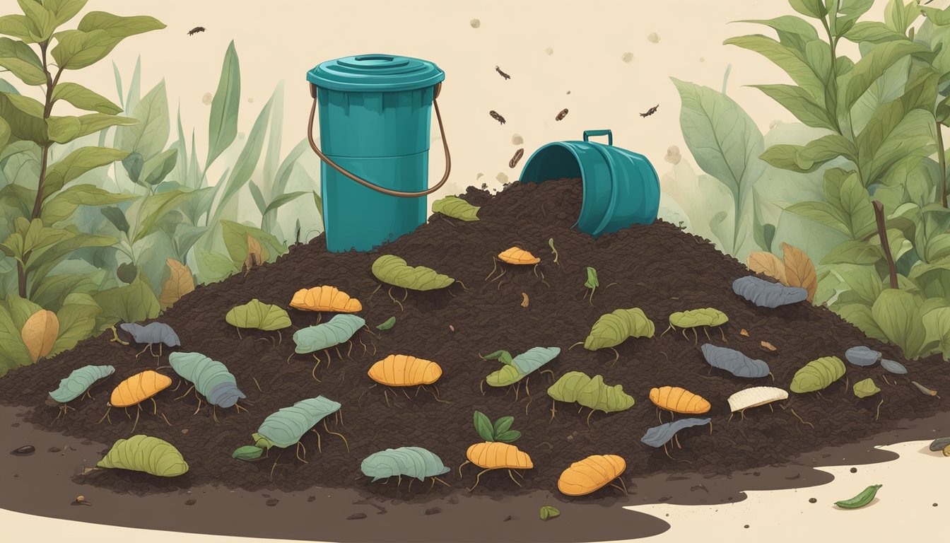 A pile of compost with tea filters breaking down among the organic waste, surrounded by earthworms and microorganisms