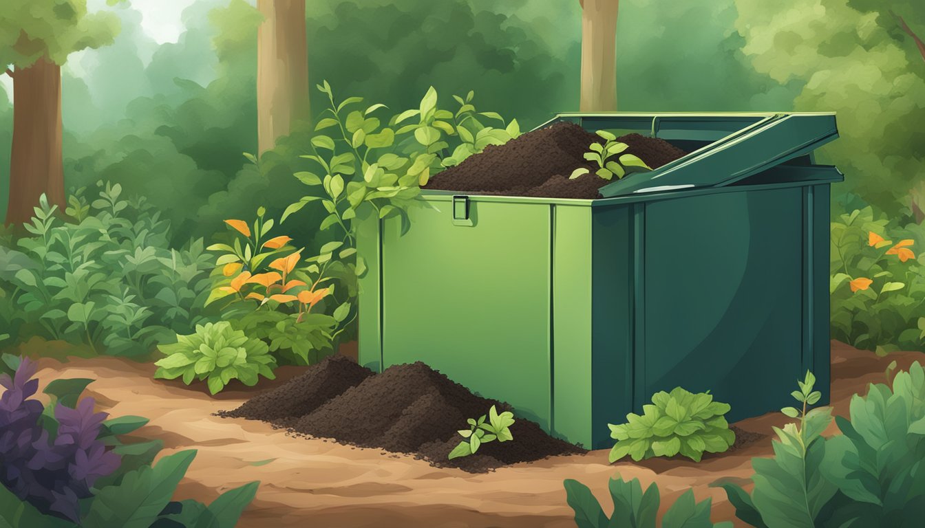 A compost bin filled with organic waste, including used rubber gloves, surrounded by greenery and thriving plants