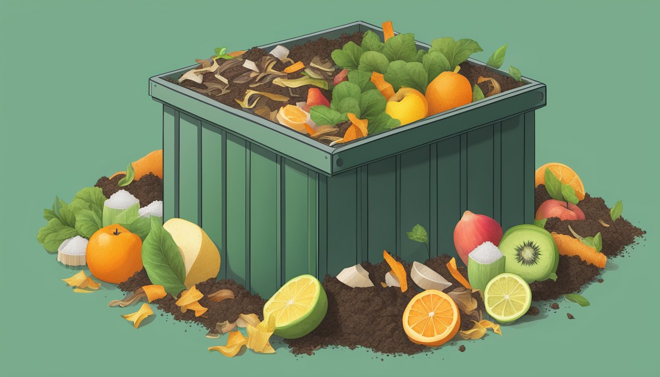 A compost bin with a mix of tea filters, fruit peels, and vegetable scraps