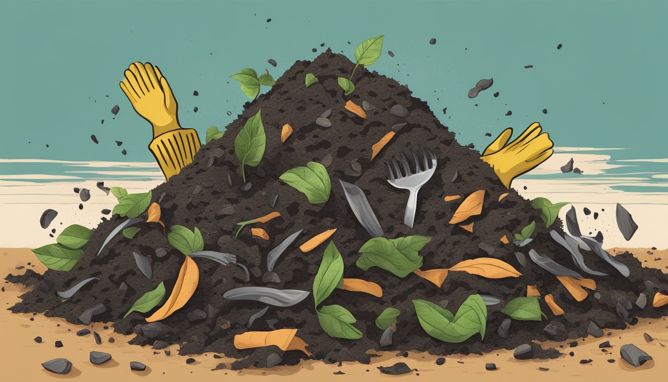 A pile of compost with rubber gloves breaking down into organic matter