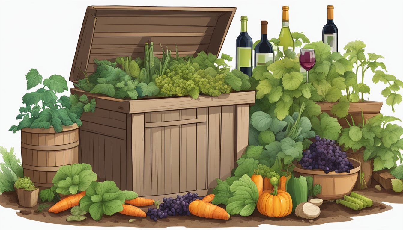 A compost bin filled with wine bottles, surrounded by various plants and vegetables, with pests and diseases kept at bay