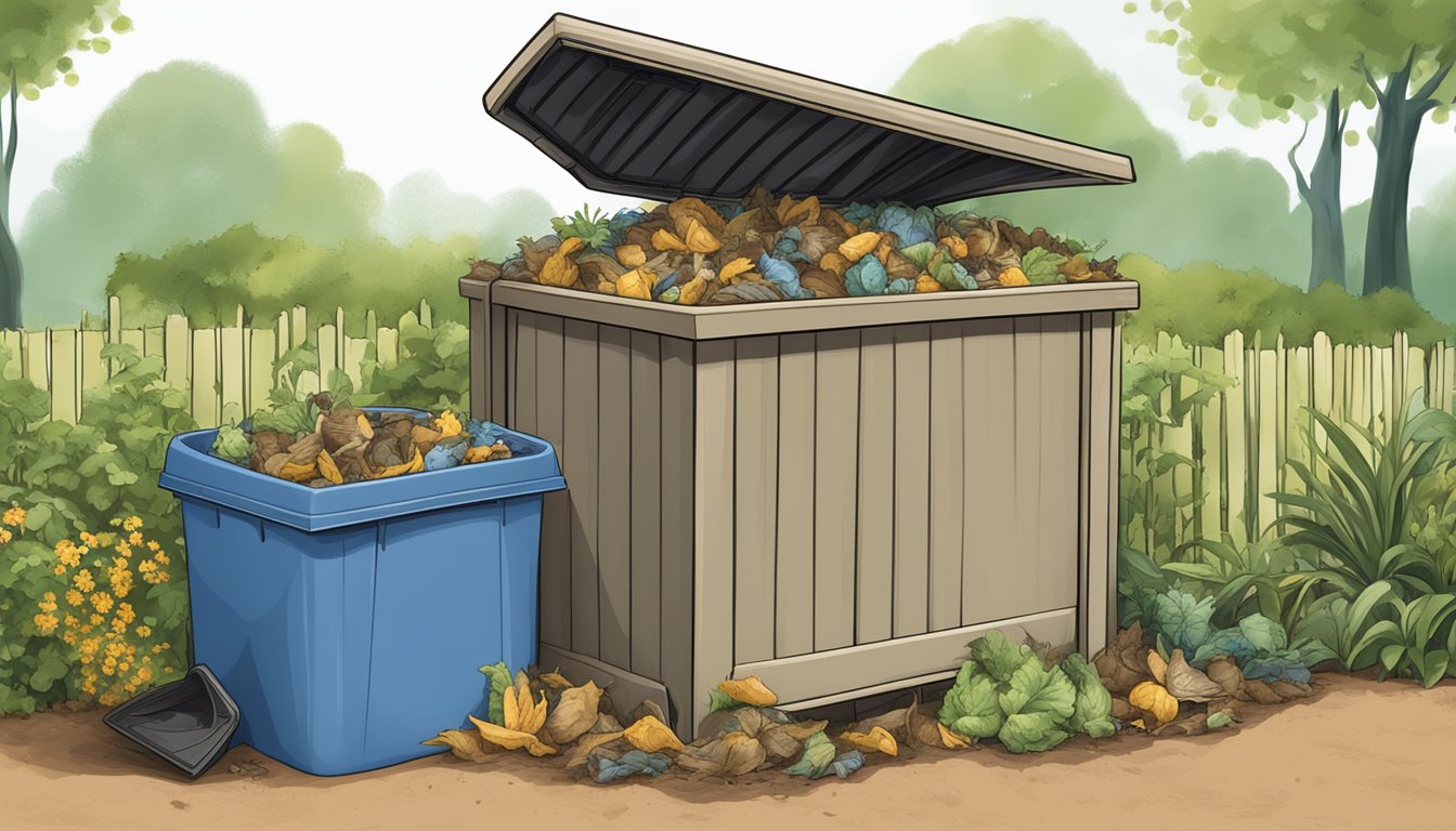 A compost bin filled with biodegradable waste, including rubber gloves