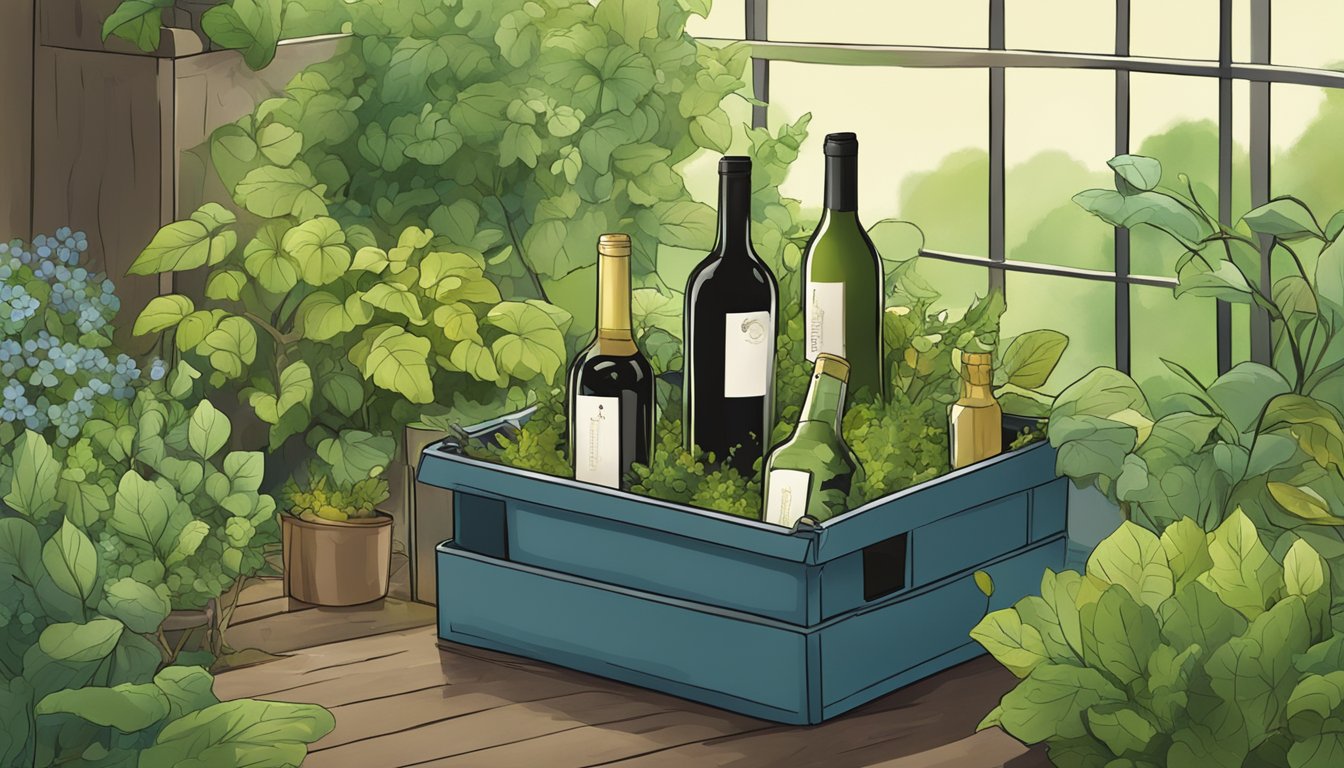 Empty wine bottles placed in a compost bin surrounded by lush, thriving plants