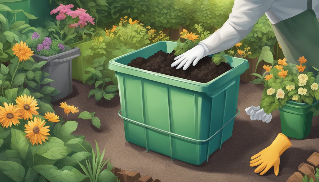 A pair of rubber gloves is being tossed into a compost bin alongside other organic waste. The bin is surrounded by a lush garden with a variety of plants and flowers