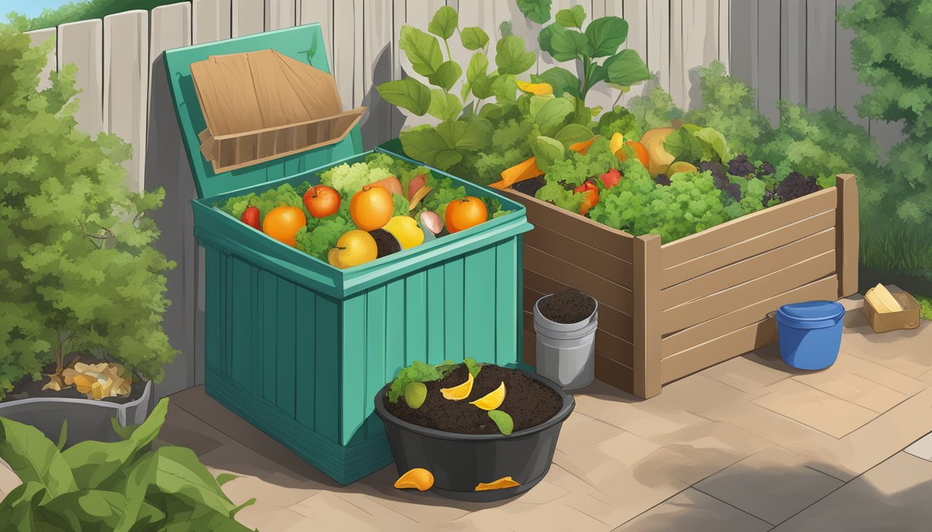 A compost bin with tea filters, fruit peels, and vegetable scraps. A small garden nearby shows healthy plants growing from the compost