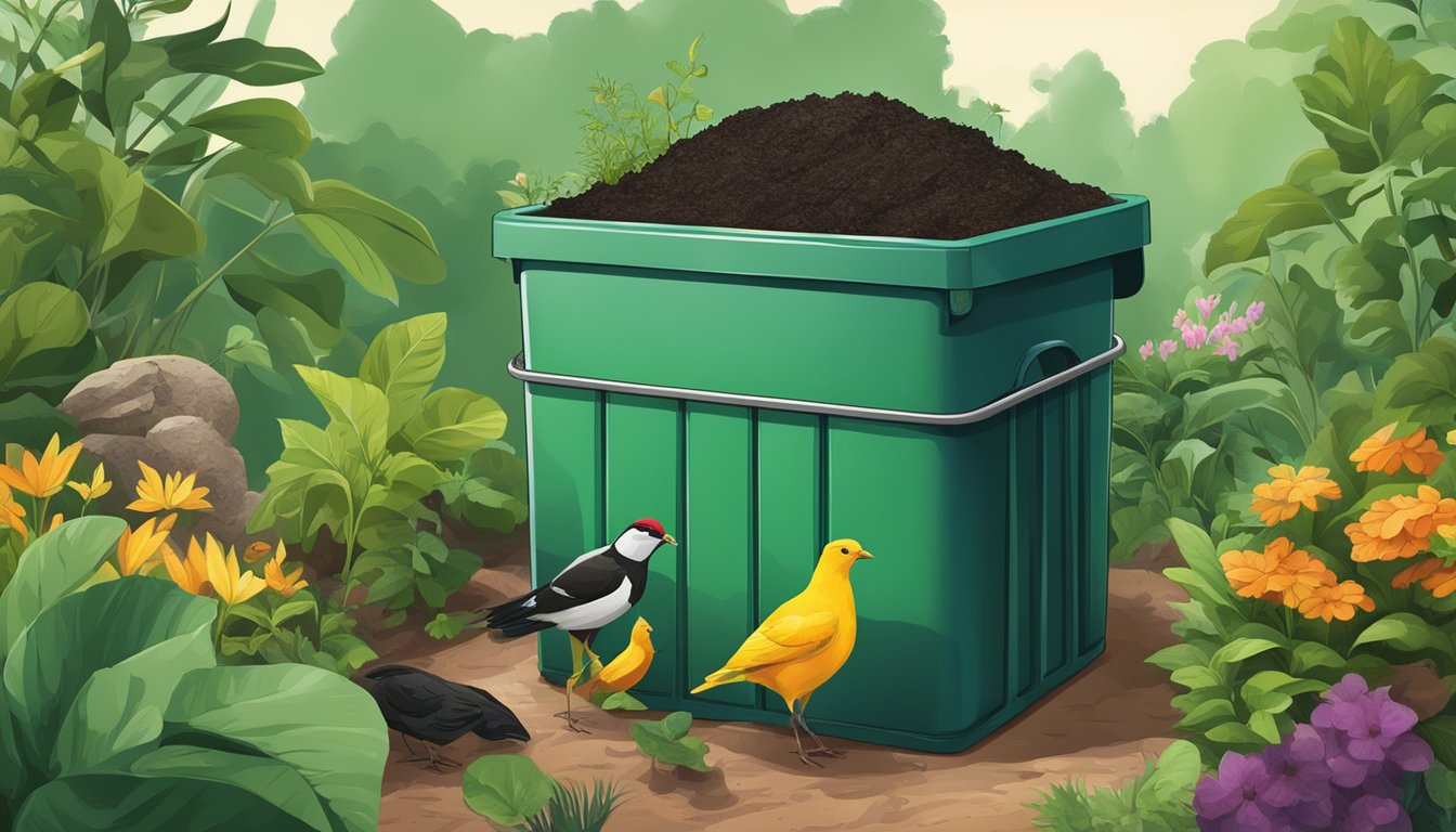 A compost bin filled with organic waste, including rubber gloves, surrounded by healthy plants and thriving wildlife